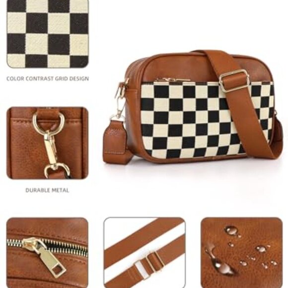 PU Leather Crossbody Bag Adjustable Strap Checkerboard Plaid Handbag - Picture 5 of 7